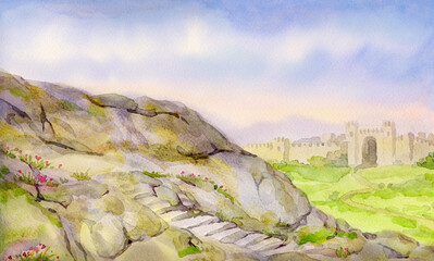 Watercolor landscape. Field at the old fortress