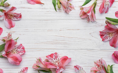 Beautiful Alstroemeria flowers on wooden background