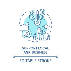 Editable support local agribusiness icon representing heatflation concept, isolated vector, linear illustration of solutions to global warming.