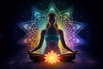 Fototapeta na wymiar Female Practicing Yoga Meditation: Illustration for Enhancing Mental Peace, Fitness Consciousness, and Tranquil Living. Generative AI