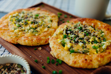 Bread scones with cheese and tea - breakfast. cuisine. Cuisines of different countries and restaurants. Morning with healthy food.