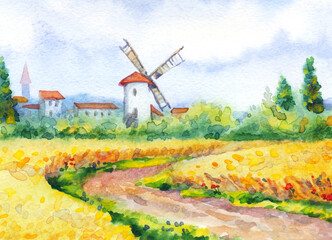 Watercolor landscape. Summer meadow near the barn © Marina