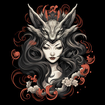 japanese geisha using kitsune mask tattoo design dark art illustration isolated on black