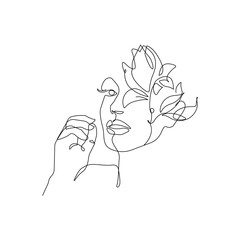 Woman Face with Flowers Line Vector Drawing. Style Template with Female Face with Flowers. Modern Minimalist Simple Linear Style. Beauty Fashion Design 