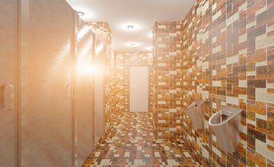 Clean public toilet room empty with wooden partition. 3D rendering.. Sunset.