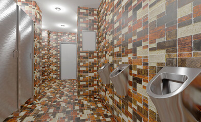 Contemporary interior of public toilet. 3D rendering.. Blank paintings.  Mockup.