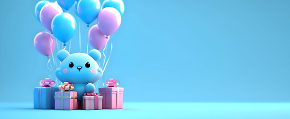 Festive gift box presentation, balloon blue background. Advertising store sale. Concept black friday, christmas, new year. 3D rendering, Generative AI