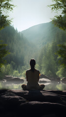 Meditating Person In Nature Background - Generated AI