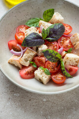 Closeup of panzanella or italian tomato and bread salad served in a beige plate, vertical shot, selective focus