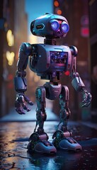 An adventurous robot exploring a vibrant, fantastical world. Cute and lovely, curious baby robot. Alone, without home. Great for loneliness, friendship, kids concepts 