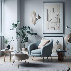 Stylish scandinavian composition of living room with design armchair, black mock up poster frame, commode, wooden stool, book, decoration, Generative AI