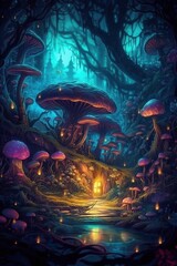 Painted magical dwarfs in a mystical unreal forest with neon light.  Magical wood with magical mushrooms. Entrance to the underground house. Secret doors. Fairy tale. Underground world. Generative AI
