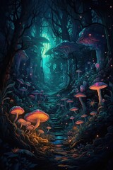 Painted magical dwarfs in a mystical unreal forest with neon light.  Magical wood with magical mushrooms. Entrance to the underground house. Secret doors. Fairy tale. Underground world