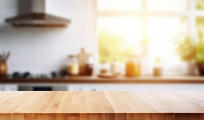 Fototapeta na wymiar Beautiful empty brown wooden table top and blurred defocused modern kitchen interior background with daylight flare, product montage display,banner,generative ai