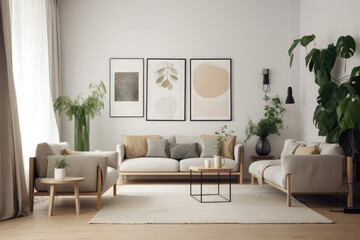 modern Interior of living room with sofas, tables and houseplants, big frame poster on it, generative AI