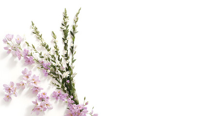 sprigs of lavender with green leaves on a light surface. background with fragrant bouquet, Generative AI