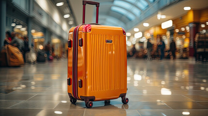 Close-up photo of suitcase in airport with blurry background