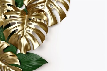 Gold and green monstera leaves plant frame isolated on a white background. copy space. Generative AI.