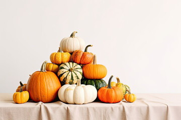 Colorful pumpkins of different shapes and size in pyramid composition on light tablecloth - Powered by Adobe