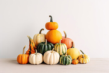 Colorful pumpkins of different shapes and size in pyramid composition on light tablecloth