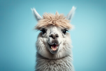Naklejka premium Happy, cute smiling lama on the pastel blue background