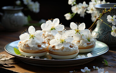 Fototapeta na wymiar Cream walnut tarts with pear blossoms, culinaryphotography