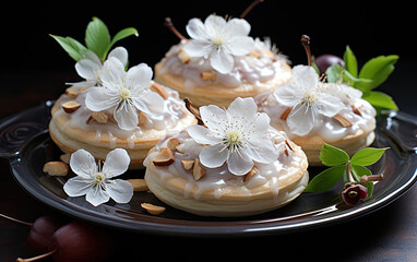 Obraz na płótnie Canvas Cream walnut tarts with pear blossoms, culinaryphotography