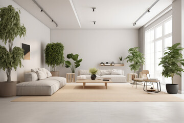modern Interior of living room with sofas, tables and houseplants, big frame poster on it, generative AI