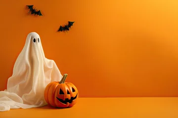 Fototapeten Halloween ghosts with funny pumpkin on orange background. Happy halloween holiday concept. © reddish