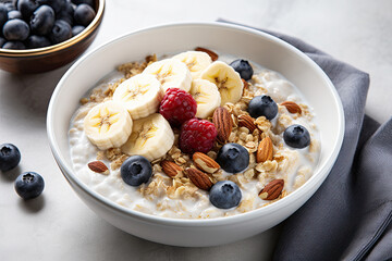 Oat porridge with banana, blueberry, walnut, chia seeds and almond milk for healthy breakfast or lunch.  - obrazy, fototapety, plakaty