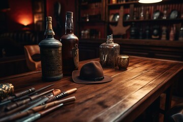 Close up shot on western saloon table. Generative AI - obrazy, fototapety, plakaty