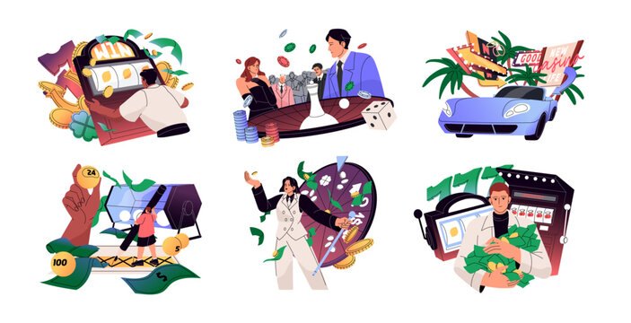 People playing gambling set. Gamblers betting, risking in casino, luck wheel, roulette, lottery, lucky machine, winning jackpot, money. Flat graphic vector illustrations isolated on white background