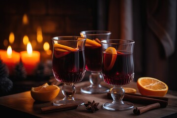 Cozy christmas photograph of mulled wine glintwine served in three glasses with slice of orange, stick of cinnamon in front of christmas tree and fireplace background. Candle on table,  Generative AI