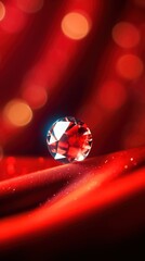 A red silk background with out of focus light spots and a small circular diamond in the middle