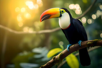 Obraz premium Toucan sitting on the branch in the forest, green vegetation, Costa Rica. Nature travel in central America, Generative AI