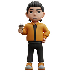 3d illustration boy standing holding coffee drink