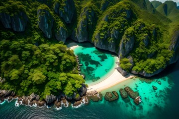 Aerial of Cliff Landscape and Turquoise Crystal Clear Water In El Nido, Palawan, Philippines. Beautiful Vacation Travel Destination