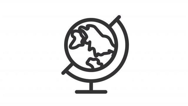 Globe rotating line animation. Global education animated icon. World map. Earth science. Geography information. Black illustration on white background. HD video with alpha channel. Motion graphic