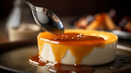 Crème Caramel with a spoon taking a scoop out of the dessert, showing the creamy texture against a...