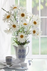 Still life with daisy flowers on a windowsill