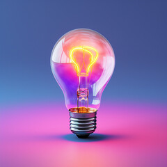 A bright light bulb floating on a coloured background. Incandescent and glowing light bulb. 