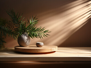 Softly light Lit Blank Wooden Counter Table, with Leaf Shadows Dancing on a Beige Textured Wallpaper Wall Luxurious Beauty Haven generative ai