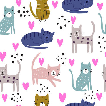Seamless cat pattern with pink heart and black dot on white background.