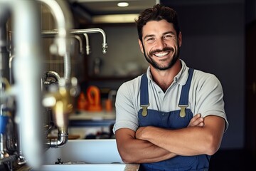 grinning young plumber at work