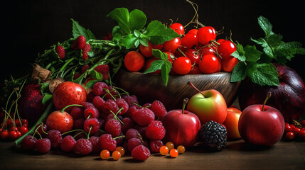 Fototapeta na wymiar display of red apples and berries 