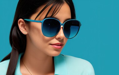 Modern woman in sunglasses on blue background. Portrait. Generative AI