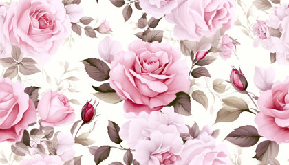 Seamless pattern of beautiful vintage roses flowers and leaves illustration background. Generative AI