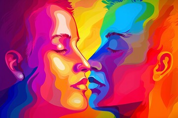 two man kissing, Vibrant Celebration of Love, Colorful Silhouette of Two Men Kissing with Pride Rainbow in the Background