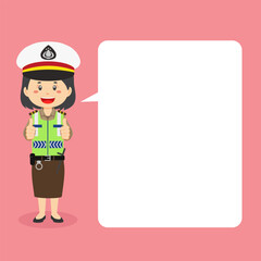 Indonesian Traffic Police Woman Character Making Thumb Up with Speech Bubbles