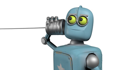 Retro robots talking on tin can phones. 3d render
